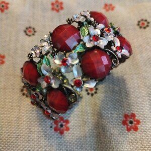 Cuff Bracelet Red Floral Gold Brushed Stunning